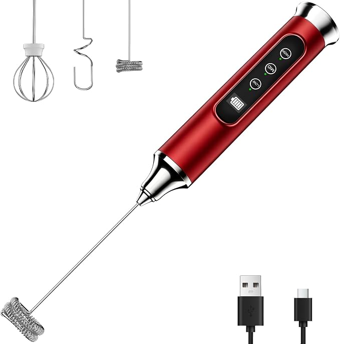 YUSWKO Milk Frother Wand for Coffee, Red Handheld Coffee Frother, Rechargeable Drink Mixer, Waterproof Electric Whisk