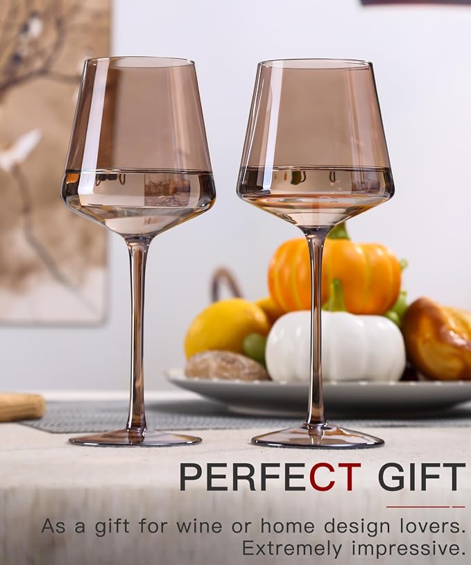 comfit Colored Wine Glasses Set of 6-16oz Smokey Sand Wine Glasses with Tall Long Stems and Flat Bottom,Crystal Amber Wine Glasses-Unique Gifts for Wine Lovers,Wedding,Engagement Gifts(Smokey Sand)