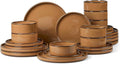 Onader Dinnerware Dishes Sets for 8, Stoneware Plates and Bowls with Unglazed Terracotta Bottom, Ceramic Kitchen Dinner Dish Set 24 Piece - Earthy Umber