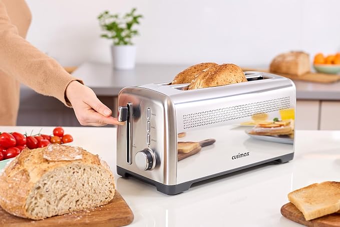 4 Slice Toaster, CUSIMAX Extra-Long Slots for Artisan Bread, Quick Glance Function, 9 Shade Settings, Bagel/Defrost/Cancel Functions, Removable Crumb Tray, Cool-Touch Stainless Steel Body