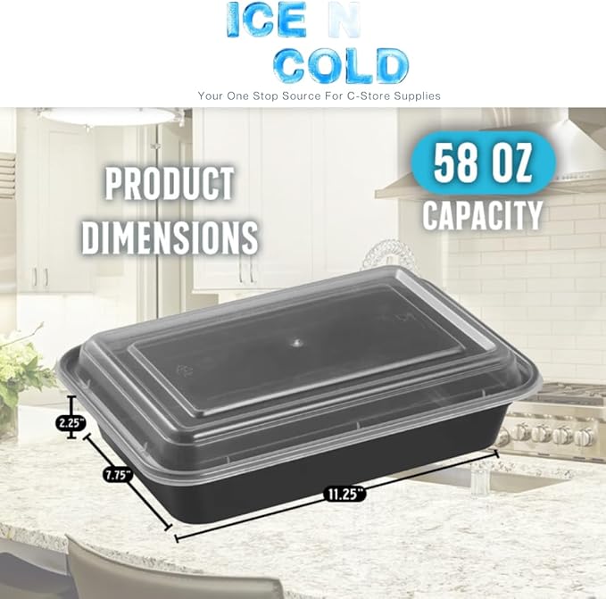 ICE N COLD Reusable To-Go Food Meal Prep Storage Containers with Leak Proof Snap Lids 58oz | 1715ml | 100-Pack