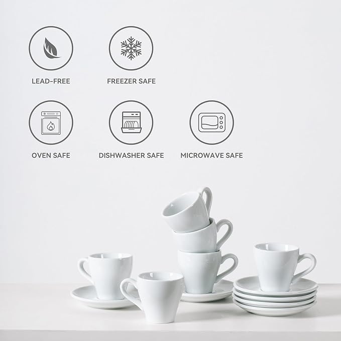 Espresso Cups Set of 6, White Espresso Cups and Saucers, 2.8 oz Ceramic Demitasse Cups for Espresso,Latte,Tea Bag