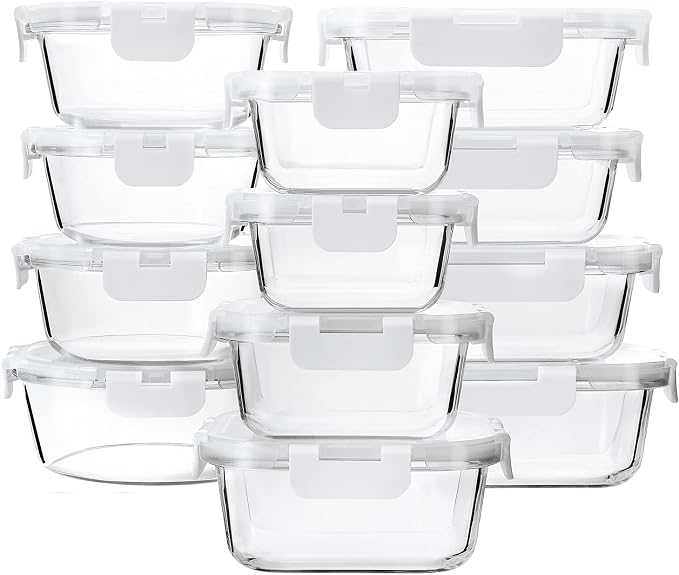 24-Piece Glass Food Storage Containers with Upgraded Snap Locking Lids,Glass Meal Prep Containers Set - Airtight Lunch Containers, Microwave, Oven, Freezer and Dishwasher,White