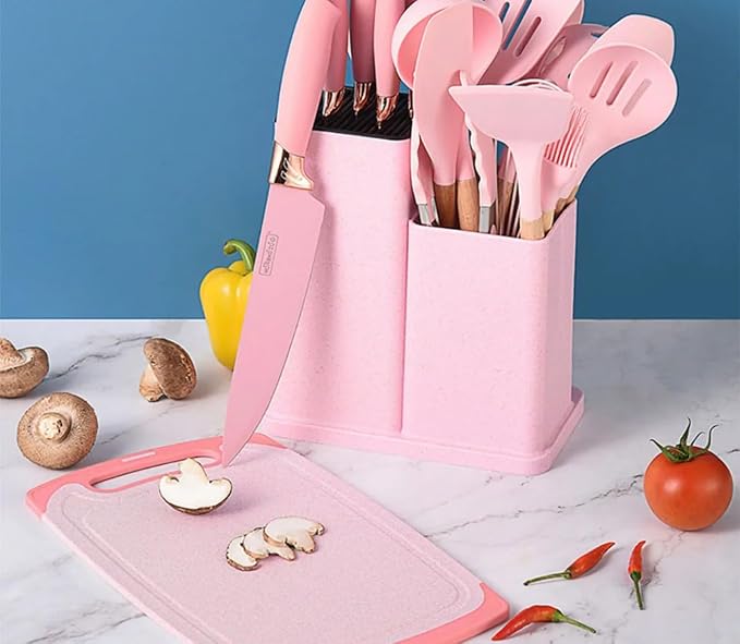 19 Piece Kitchenware Utensils and Knife Set- includes: 9 Piece Silicone Cooking Utensils- 5 Piece Sharp Stainless Steel Chef Knives- Scissors -Whisk Tongs and Cutting Board (Pink)