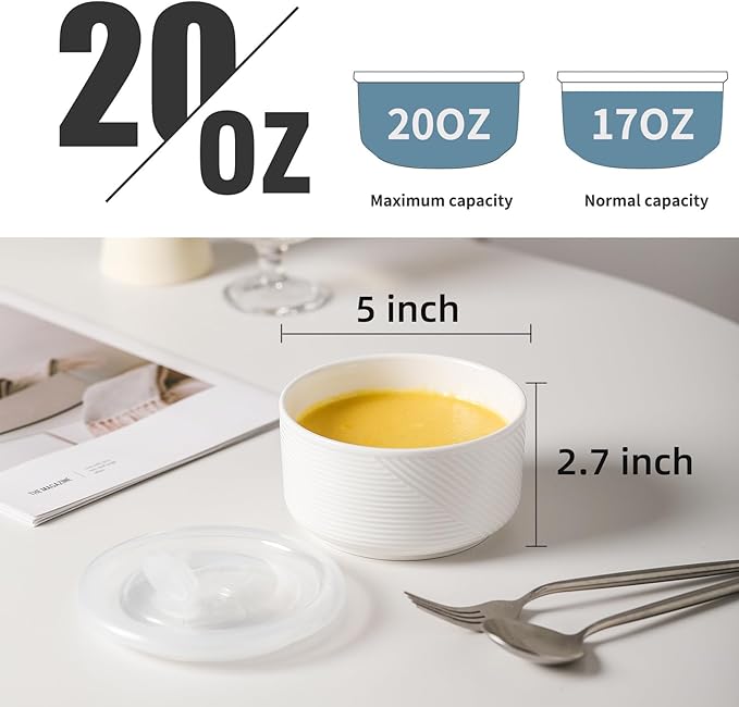 Ceramic Bowls with Lids: 20 oz Microwave Safe Food Storage Containers for Soup, Salad, Cereal, Leftovers, Meal Prep, Lunch, Picnic, Camping, Serving - Airtight, White, Set of 6