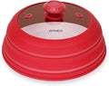 Microwave Splatter cover, Glass Microwave Cover for Food, 11.8 inch Guard Lid with Collapsible Silicone for 6-11 inch Plates & Bowls, Dishwasher Safe, 450°F Heat Resistant, BPA-Free, Red