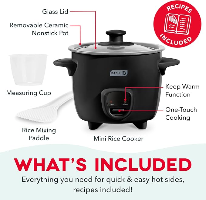 Dash Mini Rice Cooker | Small Rice Maker, 2 Cups Cooked / 1 Cup Uncooked, Ceramic Nonstick Removable Pot, Keep Warm Function, Compact and Portable for Dorm, Travel, Single Serve, Black