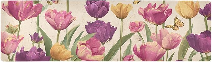 2 in 1 Table Runner Trivet for Hot Pots and Pans Heat Resistant Non Slip Waterproof 39 x 12 Inch Decorative Table Protector for Kitchen Countertop Vintage Beige Spring Tulips Butterflies