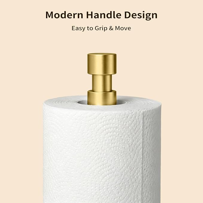 YUMORE Heavy Duty Stainless Steel Paper Towel Holder – Easy One-Handed Tear, Weighted Base Non-Slip, Tension Arm Prevents Unraveling, Countertop Paper Stand for Kitchen, Fits Most Size Rolls (Gold)