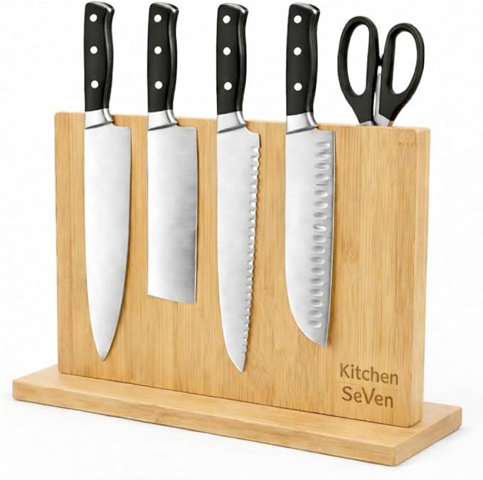 Magnetic Knife Block with 18 COREVA™ Magnetic Plates – Double Sided Bamboo Knife Holder, Engineered Full-Surface Magnetic System for All Knives & Scissors, Countertop Storage Organizer