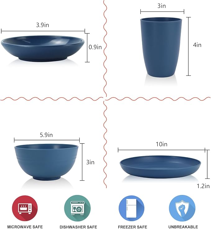 Wrova Wheat straw plates and bowls sets of 16 - Unbreakable wheat straw dinnerware sets for camping - Alternative plastic dinnerware set service for 4 - Microwave safe and Dishwasher safe bowls. Blue