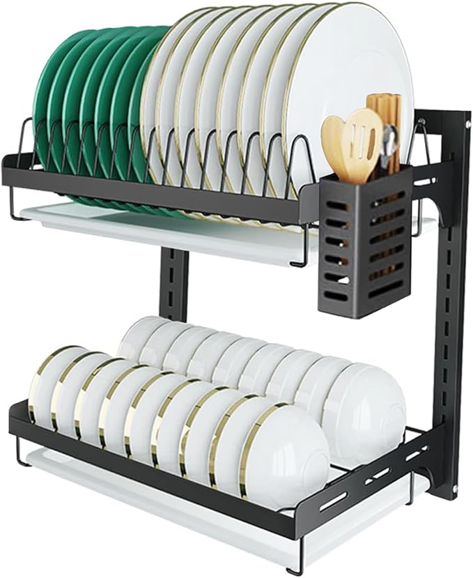 Hanging Dish Drying Rack, Wall Mounted Dish Rack Kitchen, 2 Tier Plate Organizer Wall Mount, Stainless Steel Dish Drainer Storage Shelf with Drainboard, Cutlery Holder, Black, Ajustable Height ( 16" )