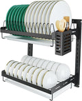 Hanging Dish Drying Rack, Wall Mounted Dish Rack Kitchen, 2 Tier Plate Organizer Wall Mount, Stainless Steel Dish Drainer Storage Shelf with Drainboard, Cutlery Holder, Black, Ajustable Height ( 16" )