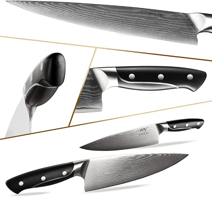 Damascus Kitchen Knife Sets, 9 Pieces Kitchen Knives Set with Block, ABS Ergonomic Handle for Chef Knife Set, Knife Sharpener and Kitchen Shears, Knife Block Set