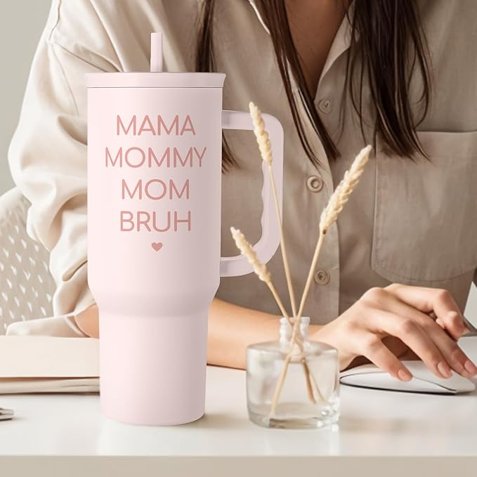 SANDJEST Gift for Mom - Mama Mommy Mom Bruh Stainless Steel Tumbler with Handle, Travel Coffee Mug for Moms - Gifts for Birthday Christmas Mothers Day, 40oz