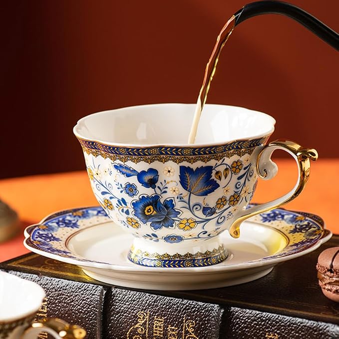 ONEUSTAR Tea Cup and Saucer Set for 1 Bone China Floral Coffee Cup with Gold Trim 6.8 oz Vintage English Teacup for Women Mother's Day Gift, Blue