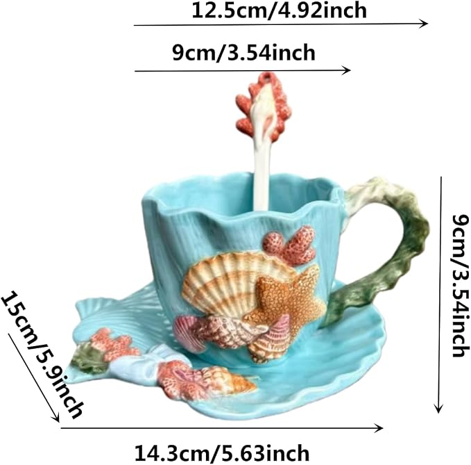 Coastal Seashell Starfish Ceramic Cup and Saucer Set - 3D Hand-Painted Ocean Themed Mug with Seashell-Shaped Saucer, Tableware for Coffee/Tea Lovers