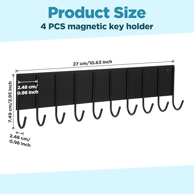 4Pcs Magnetic Key Holder for Fridge, With 10 Hooks Wall - Strong Magnetic Hooks Organizer for Keys, Kitchen Utensils, Towels, Grill Tools - No Drill Iron Key Rack for Metal Door, Garage, Laundry Room