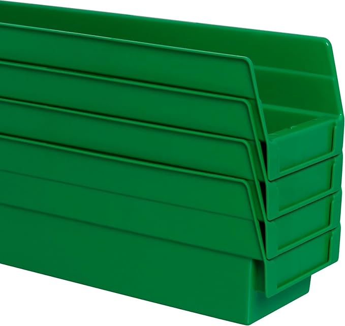Akro-Mils 30128 Plastic Shelf Bins, Heavy Duty Storage Bins for Garage, Closet, and Drawer Organization, 18-Inch x 4-Inch x 4-Inch, Green, 12-Pack