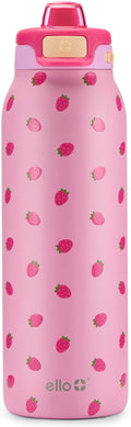 Ello Pop & Fill 32oz Stainless Steel Water Bottle with QuickFill Technology, Double Walled and Vacuum Insulated Metal, Leak Proof Locking Lid, Straw and Chug, Reusable, BPA Free, Strawberries