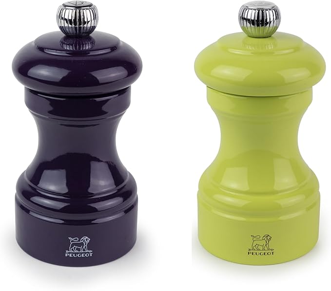 Peugeot Bistro Pepper and Salt Mill Set, 4in - French Design with Adjustable Grinding Precision, Beechwood & Stainless Steel, Enhance Flavors - Durable Cooking Tools (Eggplant/Pistachio)