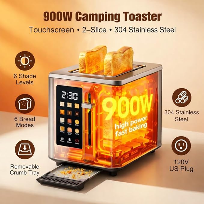 2026 Upgraded TAZTIR Touch Screen Toaster 2 Slice, Premium Stainless Steel Digital Bread Toaster with Timer, 1.5'' Wide Slot, 6 Shade Settings & 6 Bread Types, Bagel Defrost Reheat Cancel Functions