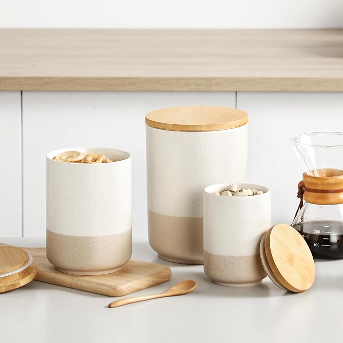 vancasso Sabine Kitchen Canister Set of 3, Ceramic Food Storage Containers with Airtight Wood Lids, Countertop & Pantry Organization for Flour, Sugar, Coffee, Tea & Snacks