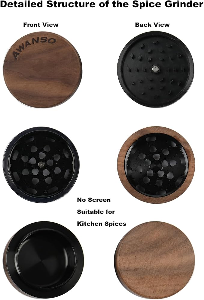 3-Piece Grinder, 2.5" Walnut Wood & Aluminum Grinder for Kitchen Spices with Large Bottom Chamber