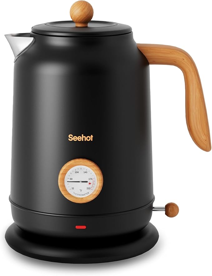 Seehot® Electric Kettle With Thermometer, 1.7L Electric Tea Kettle, 1200W Hot Water Kettle Electric, Auto Shutoff, Boil-Dry Protection, 304 Stainless Steel, Cordless Base, Black