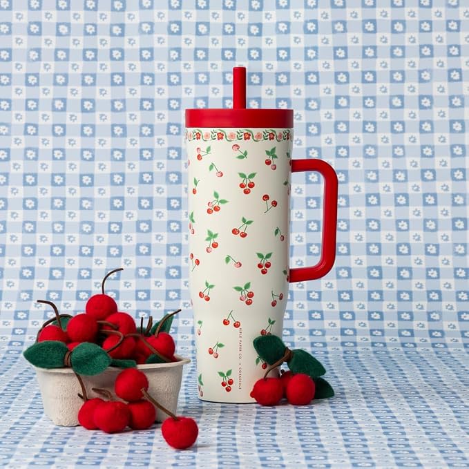 Corkcicle Cruiser Insulated Tumbler - Stainless Steel Tumbler with Handle & Straw, Leak Proof for Cold Drinks, Triple Insulated, Spill Proof, Cupholder Friendly, BPA-Free - 40oz - Rifle Paper Cherries