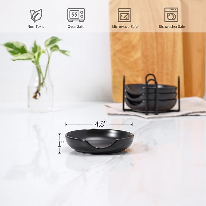 Selamica Ceramic Spoon Rest with Holder, 4.8 Inch Spoon Rest for Stove Top, Spoon Holder for Kitchen Counter, Coffee Spoon Holder, Utensil Rest for Cooking, Ladles, Tong, Set of 4, Black