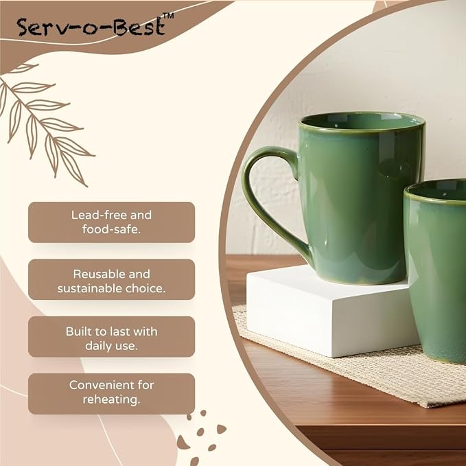 Servo Best Green Coffee Mugs 12 oz, Set of 6 Green Radiant Ceramic Mugs - Lead & Toxic Free, Dishwasher & Microwave Safe, Perfect for Home & Office Use