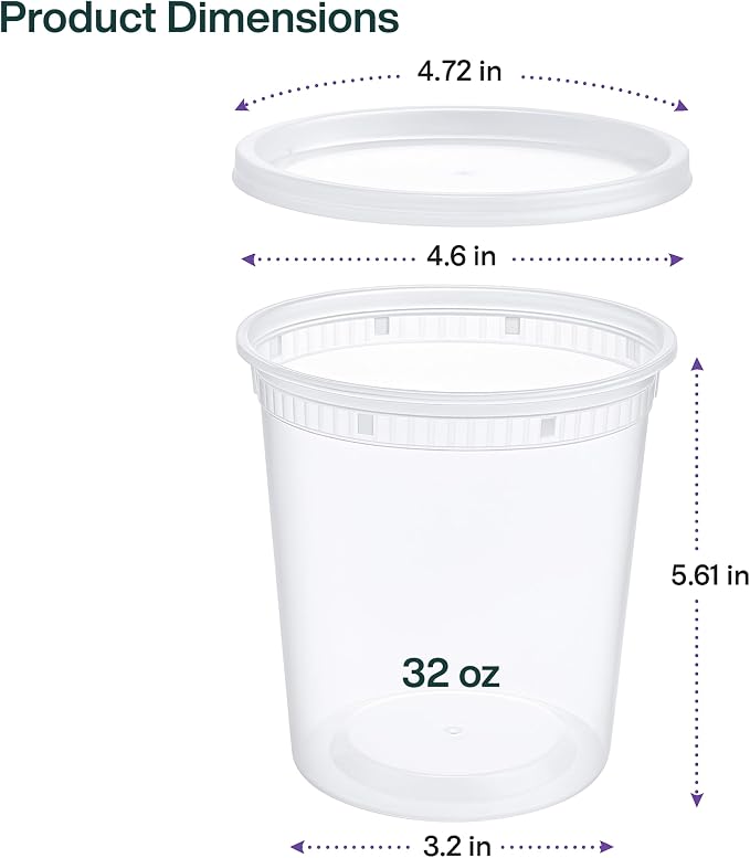 32oz [50 set] Heavy Duty Plastic Deli Container | BPA-Free Food Storage with Airtight Leak‑Proof Lids | Microwave, Freezer & Dishwasher Safe – Stackable, Bulk Reusable Soup & Meal Prep Tub