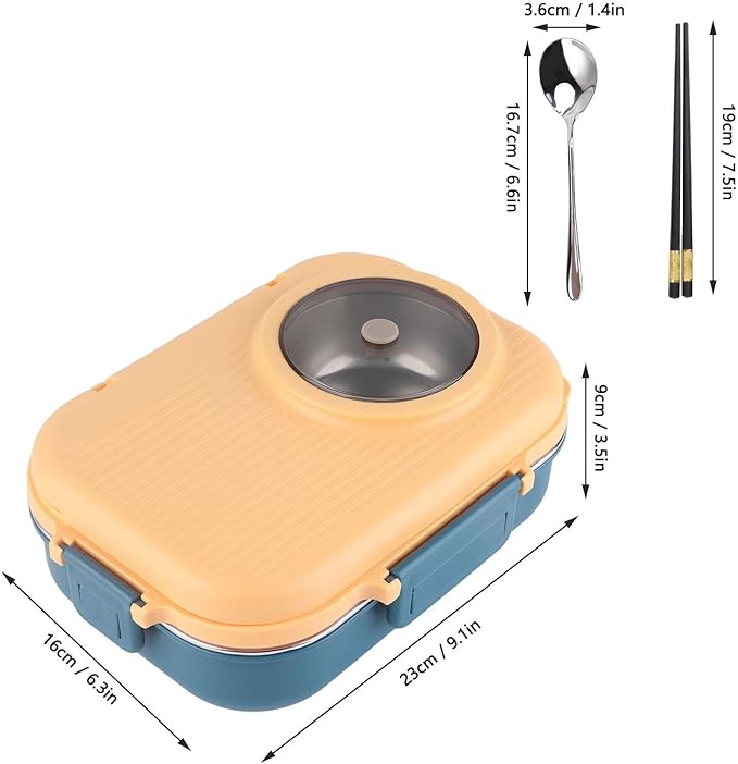 Tbest Thermal Lu Box For Hot Food Thermal Tazon,Lu Box Lu Box Thermal Lu Box 1100Ml Double Layer 3 Grid Design 304 Stainl Steel Box With Chopsticks Spoon Soup Bowl G (Blue Yellow)