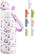 POWCAN Kids Water Bottle for School: 2-in-1 Straw Spout Lid with Soft Animal Head, Leakproof, Backpack Friendly, Keep Cold 24H, Insulated cup for Sports, Trip, Holiday Gift, Unicorn Starland 18 Ounces