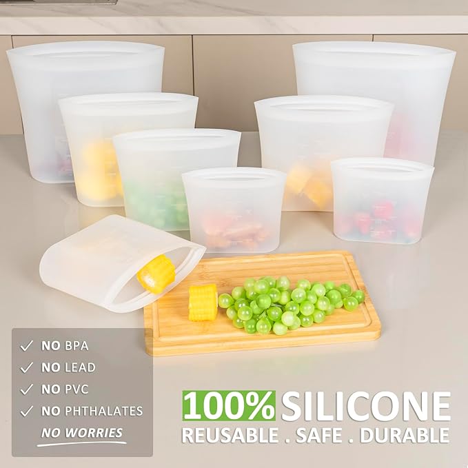 100% Silicone Reusable Storage Bag, 9 Pack Stand-Up Wide-Mouth Zip-Lock Food Storage Bags, Easy-Fill Easy-Open Easy-Clean Space-Saving, Microwave & Dishwasher Safe, Gallon/Sandwich/Snack, Translucent