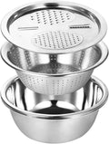 Multifunctional Stainless Steel Basin with Grater, 11 Inch Salad Maker Bowl, Vegetable Slicer Shredder Colander, Stainless Steel Grater Bowl Set for Kitchen