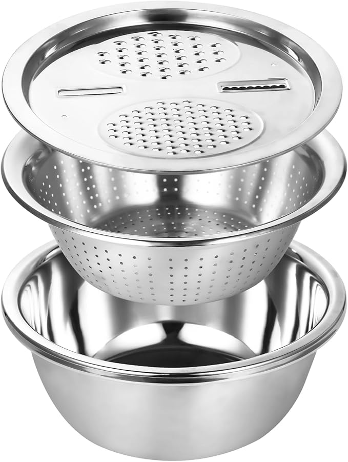 Multifunctional Stainless Steel Basin with Grater, 11 Inch Salad Maker Bowl, Vegetable Slicer Shredder Colander, Stainless Steel Grater Bowl Set for Kitchen