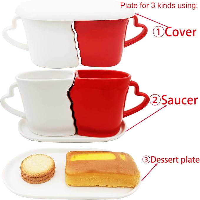 Large Kissing Mugs Set 16oz Kiss Couples Two Coffee Cups and Saucer Love Gifts for Anniversary,Wedding,Valentines,Birthday, Engagement,Lovers Household Tableware (white red)