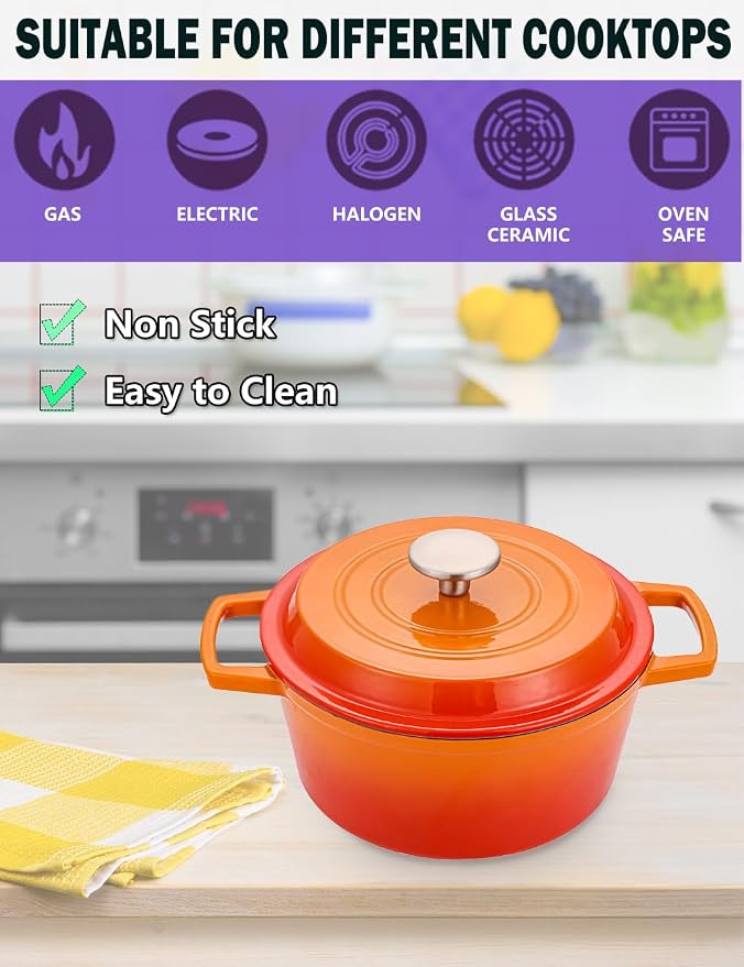 4.2 Quart Cast Iron Dutch Oven with Lid - Enameled Non-Stick Interior, Oven Safe to 500°F, Multi-Stovetop Compatible – Flame