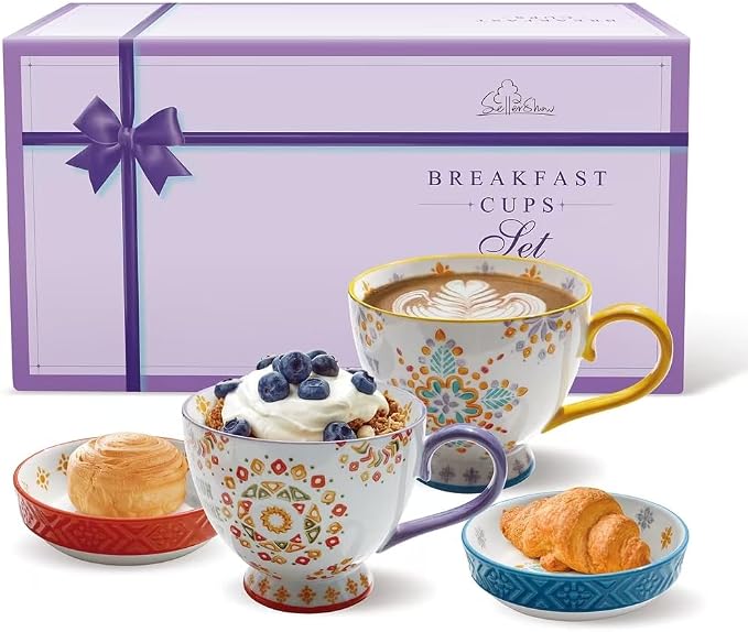 Large Ceramic Coffee Mugs Set of 2,15 oz Stoneware Coffee Cups with 2 Saucers,Underglaze Hand-Painted Cup For Coffee/Cereal/Beer,Festivals and Housewarming Gifts For Family And Friends | Bohemian Hand-Painted Cup for Latte, Tea, Espresso, Microwave & D...