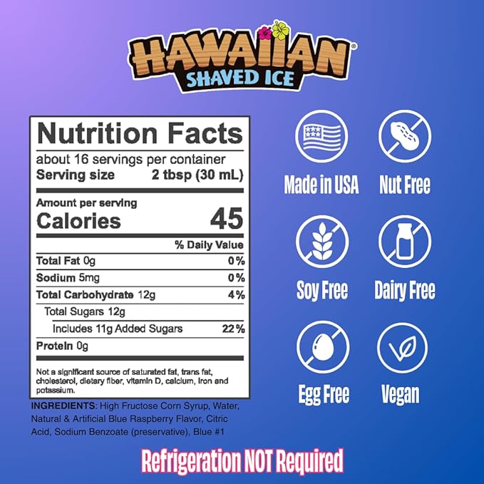 Hawaiian Shaved Ice Blue Raspberry Syrup - Made Nut Soy Dairy Free in the USA - Flavor Fluffy Shaved & Crunchy Snow Cone - Shelf Stable After Opening - Makes 8 Servings - 16 ounces