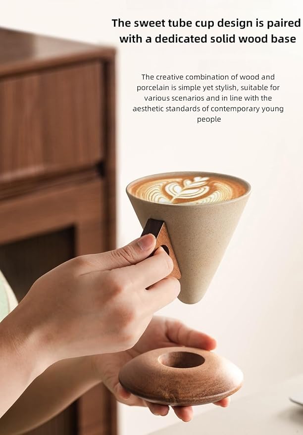 250ML- Retro ceramic coffee mug, Creative Cone coffee cup set for women elegant small- Solid wood handle and coaster - Suitable for home, restaurant, party and office use. (light brown handle)