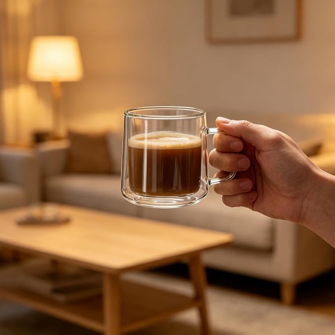 CNGLASS 10oz Glass Coffee Mugs,Double Wall Insulated Glass Mugs with Handle,Clear Espresso Mug for Latte,Cappuccino,Tea Bag,Set of 4