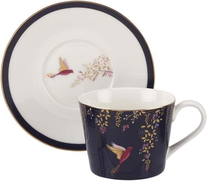 Portmeirion Sara Miller London Chelsea Teacup and Saucer, Navy | 8 Oz Cup for Drinking Tea and Coffee | Made from Fine China with Gold Detail | Handwash Only
