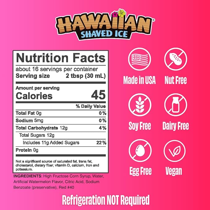 Hawaiian Shaved Ice Sour Watermelon Syrup - Nut Soy Dairy Free - Flavor Fluffy & Crunchy Snow Cones - Shelf Stable - Makes 8 Servings - 16 ounces