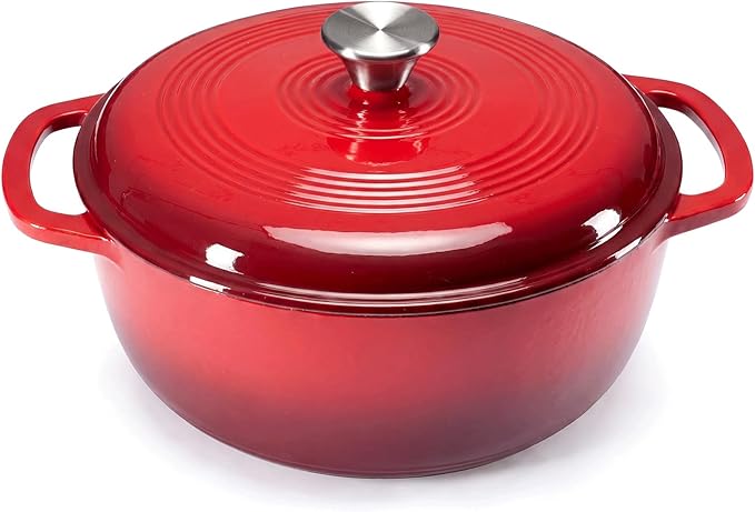 DUMOS Cast Iron Dutch Oven, 6 Quart Pot with Lid, Enameled Heavy Duty Cookware, Oven Safe to 500°F, Perfect for Bread Baking, Braising, Stews and Roasting, Moisture Sealing Lid with Dual Handles, Gradient Red