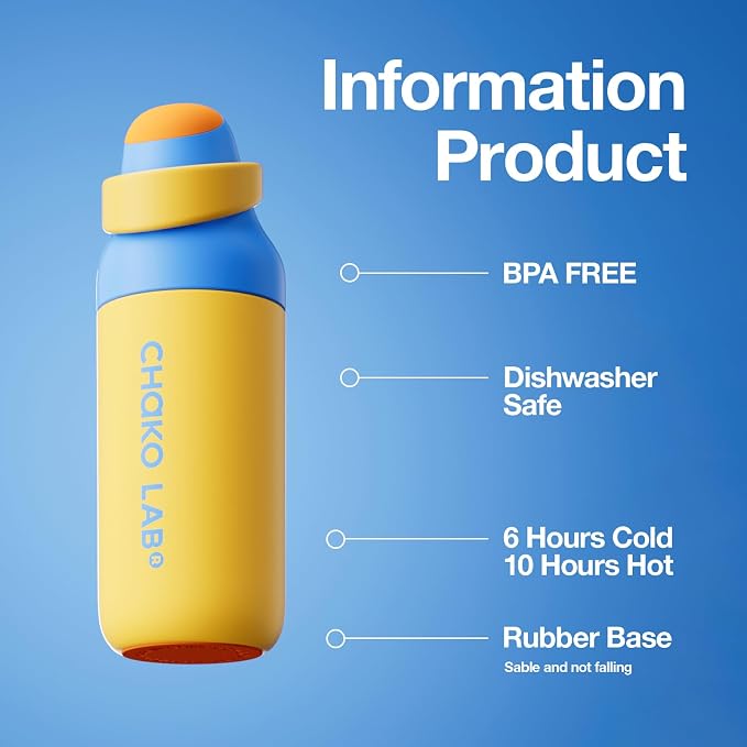 CHAKO LAB Insulated Stainless Steel Water Bottle, BPA-Free Sports Water Bottle,Spout and Straw,Leak Proof Locking Lid,Designed for Travel, School, and Sport,BPA Free,18 oz,Sunshine