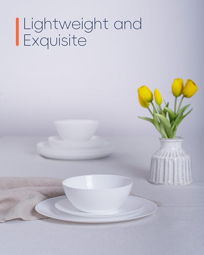 LaGlint Dinnerware Sets for 6, Light & Durable 18 Pieces Opal Glass Plates and Bowls Set, Dishwasher and Microwave Safe Ribbed Dish Dinning Ware, Thin but Strong Geometric Faceted White