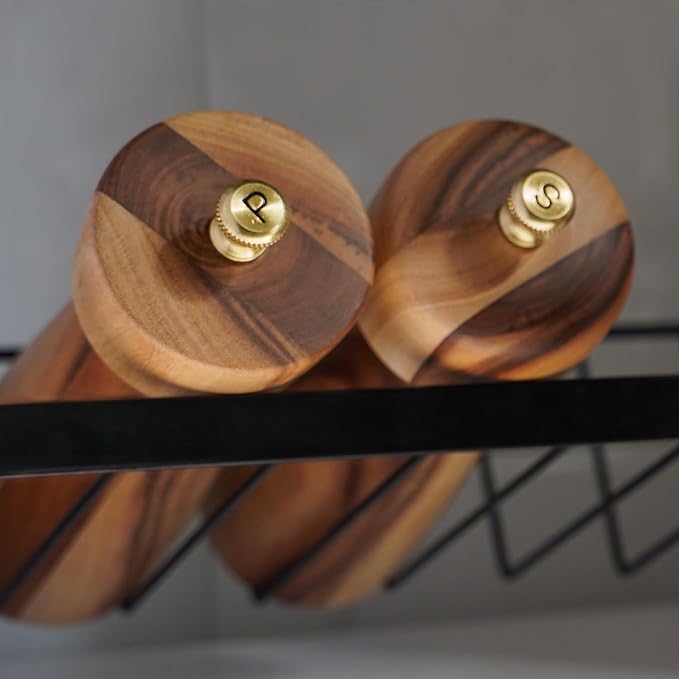 Salt and Pepper Mill Set with Tray, Adjustable Ceramic Grinder Salt Mill, Stainless Steel Grinder Pepper Mill, Acacia Wood, 20.5 cm/ 8 Inch Height, Bottom Dia 6 cm /2.36 inch
